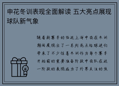 申花冬训表现全面解读 五大亮点展现球队新气象