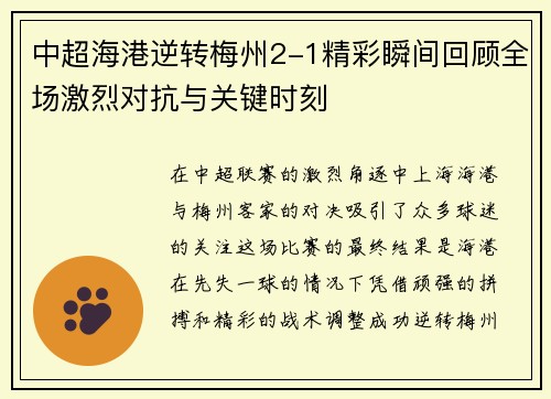 中超海港逆转梅州2-1精彩瞬间回顾全场激烈对抗与关键时刻