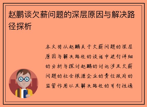 赵鹏谈欠薪问题的深层原因与解决路径探析 赵鹏谈欠薪问题的深层原因与解决路径探析